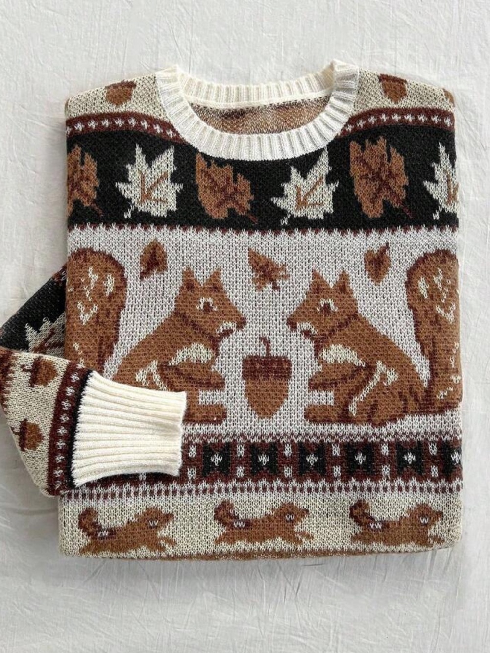 Autumn Squirrel 🐿️ & Acorn Knit Sweater - Cream, Black & Brown